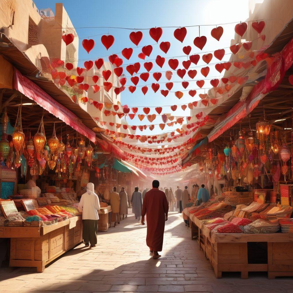 A vibrant marketplace scene filled with Arab vendors passionately interacting with customers, showcasing products infused with love and culture. Heart-shaped decorations hanging above stalls, and warm sunlight bathing the area, capturing a sense of community and connection. In the foreground, a couple shares a loving glance while exploring the market. super-realistic. vibrant colors. 3D.