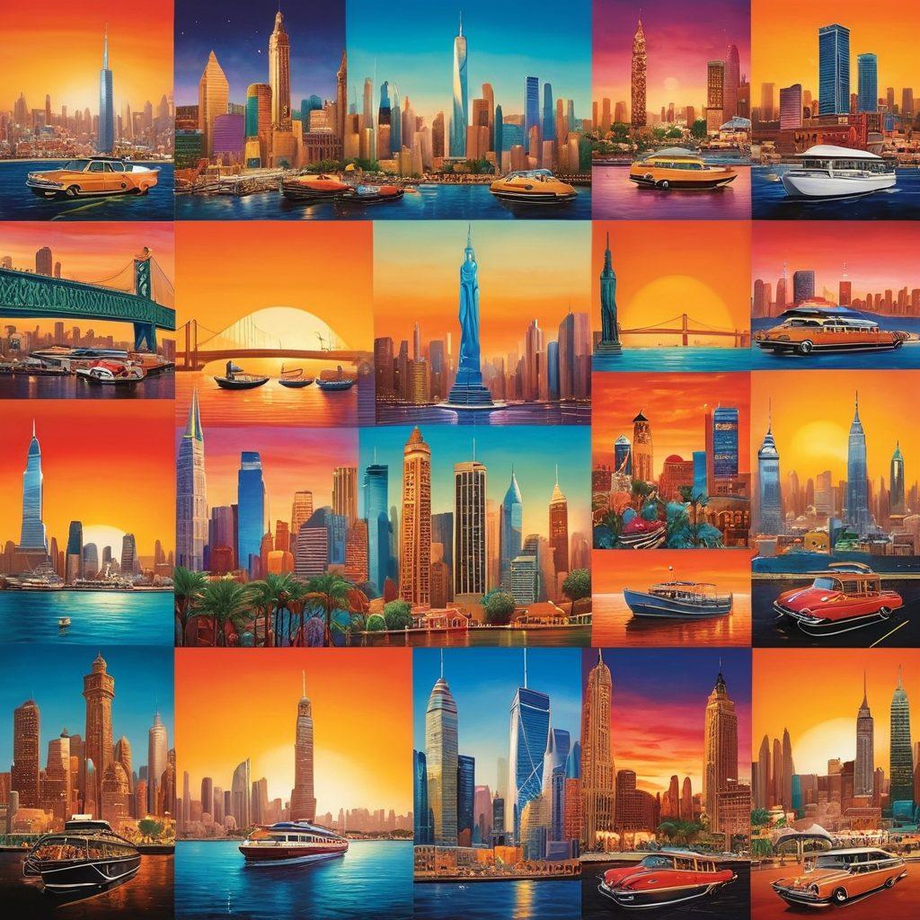 A vibrant collage depicting diverse Arab cultural symbols intertwined with American icons, showcasing love and economic collaboration. Include elements like traditional Arab architecture blended with modern U.S. cities, such as New York or San Francisco. Show people engaging in trade, sharing meals, and celebrating cultural festivities. The scene should be dynamic and colorful, radiating warmth and connection. vibrant colors. super-realistic.